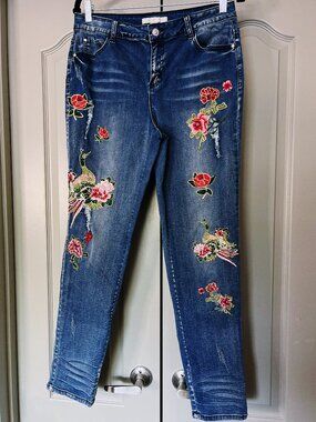 Boston Proper Embellished Floral & Bird Jeans Size 12 Y2K Boho Statement Denim